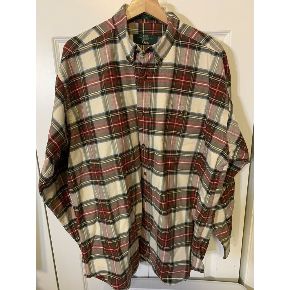 ORVIS Men's Sz L Red Plaid‎ Heavy Cotton Button Shirt Pockets